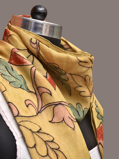 Light Yellow Kalamkari Hand Painted Sico Stole with Floral Design - Global Threads