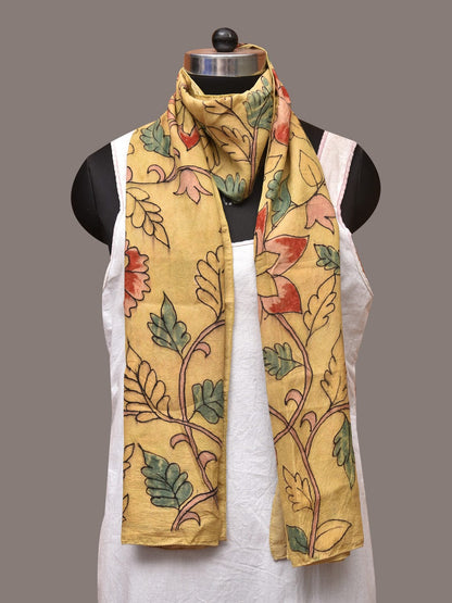 Light Yellow Kalamkari Hand Painted Sico Stole with Floral Design - Global Threads