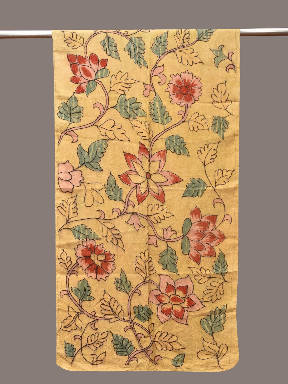 Light Yellow Kalamkari Hand Painted Sico Stole with Floral Design - Global Threads