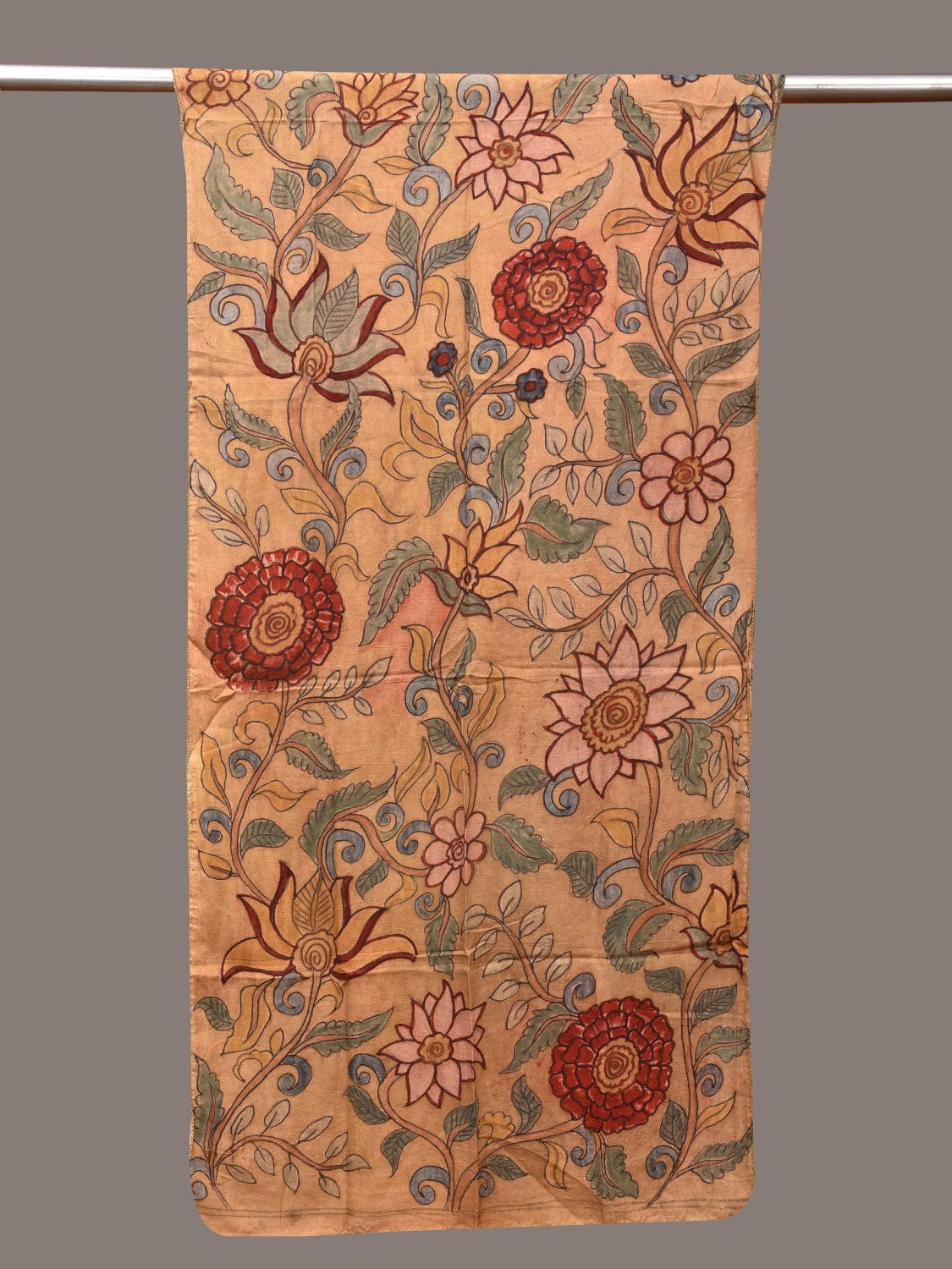 Light Yellow Kalamkari Hand Painted Sico Stole with Floral Design - Global Threads