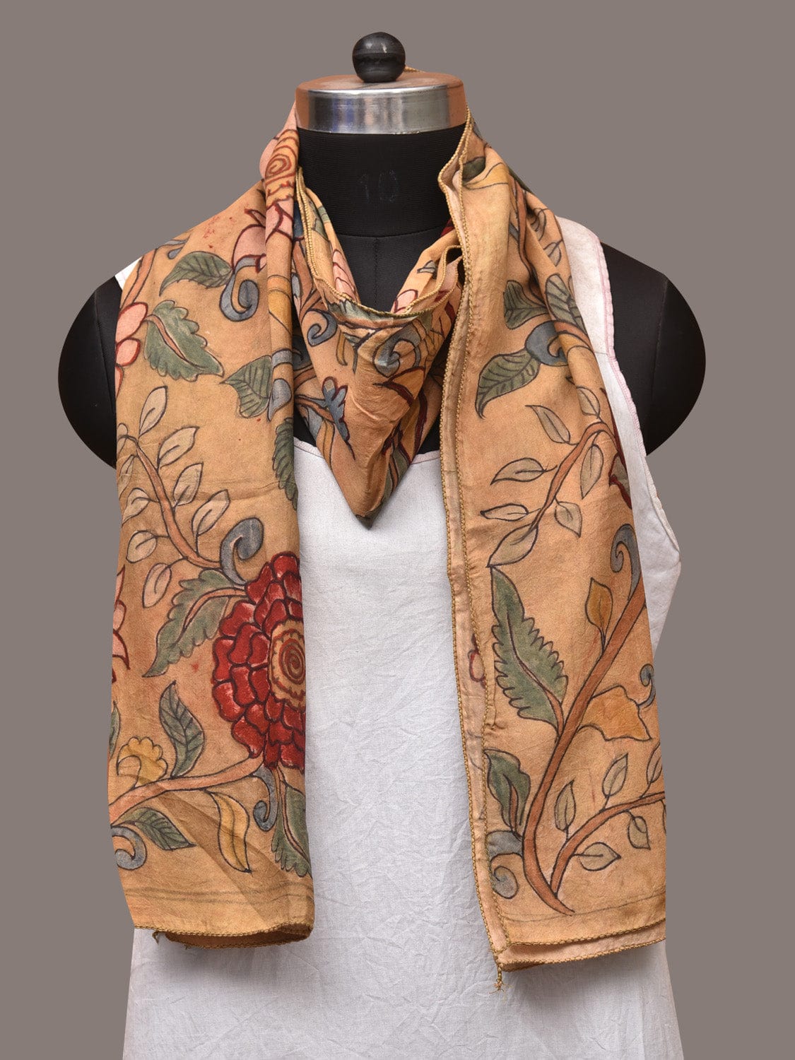 Light Yellow Kalamkari Hand Painted Sico Stole with Floral Design - Global Threads