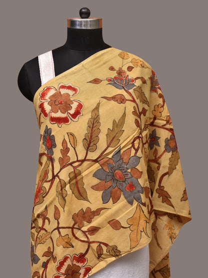 Light Yellow Kalamkari Hand Painted Sico Stole with Floral Design - Global Threads