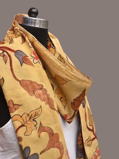 Light Yellow Kalamkari Hand Painted Sico Stole with Floral Design - Global Threads