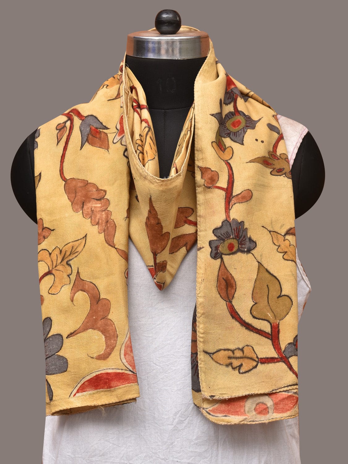Light Yellow Kalamkari Hand Painted Sico Stole with Floral Design - Global Threads
