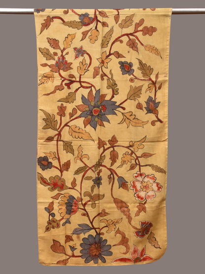 Light Yellow Kalamkari Hand Painted Sico Stole with Floral Design - Global Threads