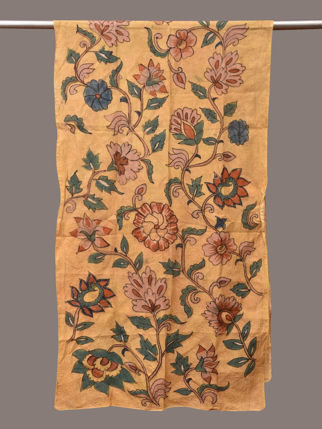 Light Yellow Kalamkari Hand Painted Sico Stole with Floral Design - Global Threads