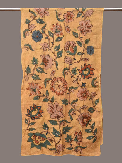 Light Yellow Kalamkari Hand Painted Sico Stole with Floral Design - Global Threads
