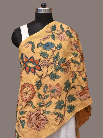 Light Yellow Kalamkari Hand Painted Sico Stole with Floral Design - Global Threads