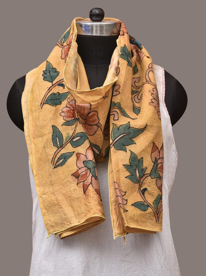 Light Yellow Kalamkari Hand Painted Sico Stole with Floral Design - Global Threads