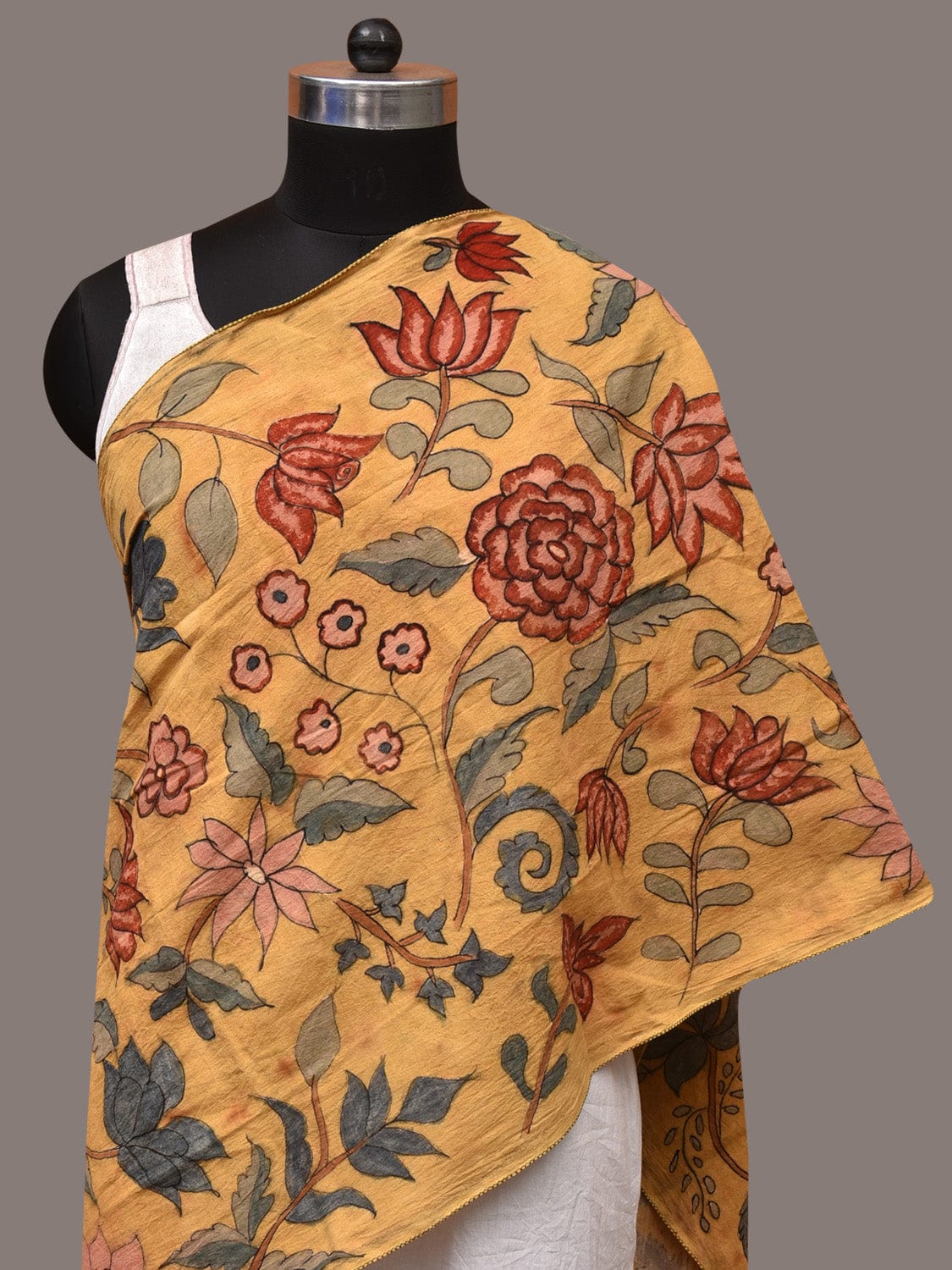 Light Yellow Kalamkari Hand Painted Sico Stole with Floral Design - Global Threads
