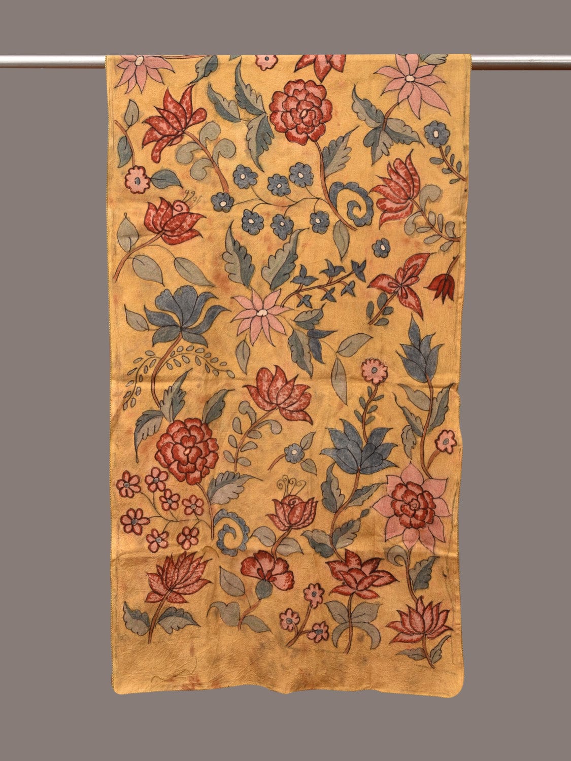 Light Yellow Kalamkari Hand Painted Sico Stole with Floral Design - Global Threads