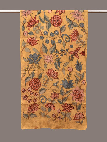 Light Yellow Kalamkari Hand Painted Sico Stole with Floral Design - Global Threads