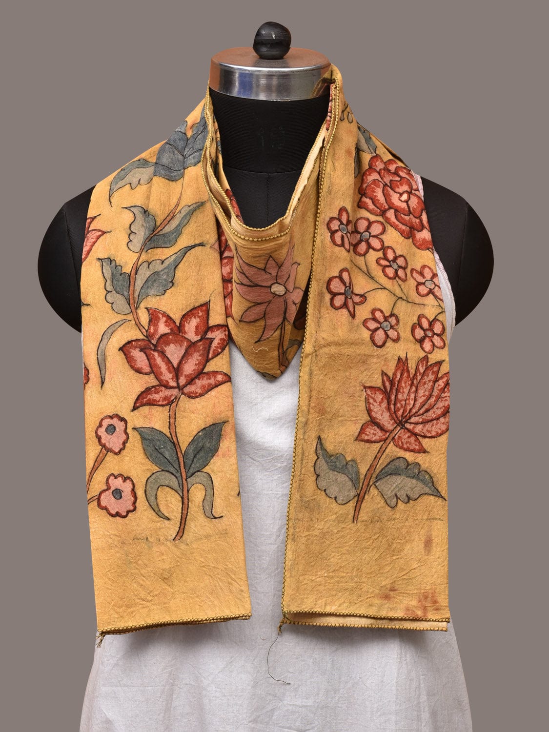 Light Yellow Kalamkari Hand Painted Sico Stole with Floral Design - Global Threads
