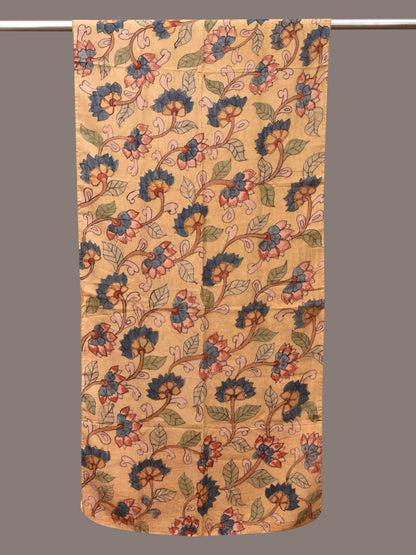 Light Yellow Kalamkari Hand Painted Sico Stole with Lotus Flowers Design - Global Threads