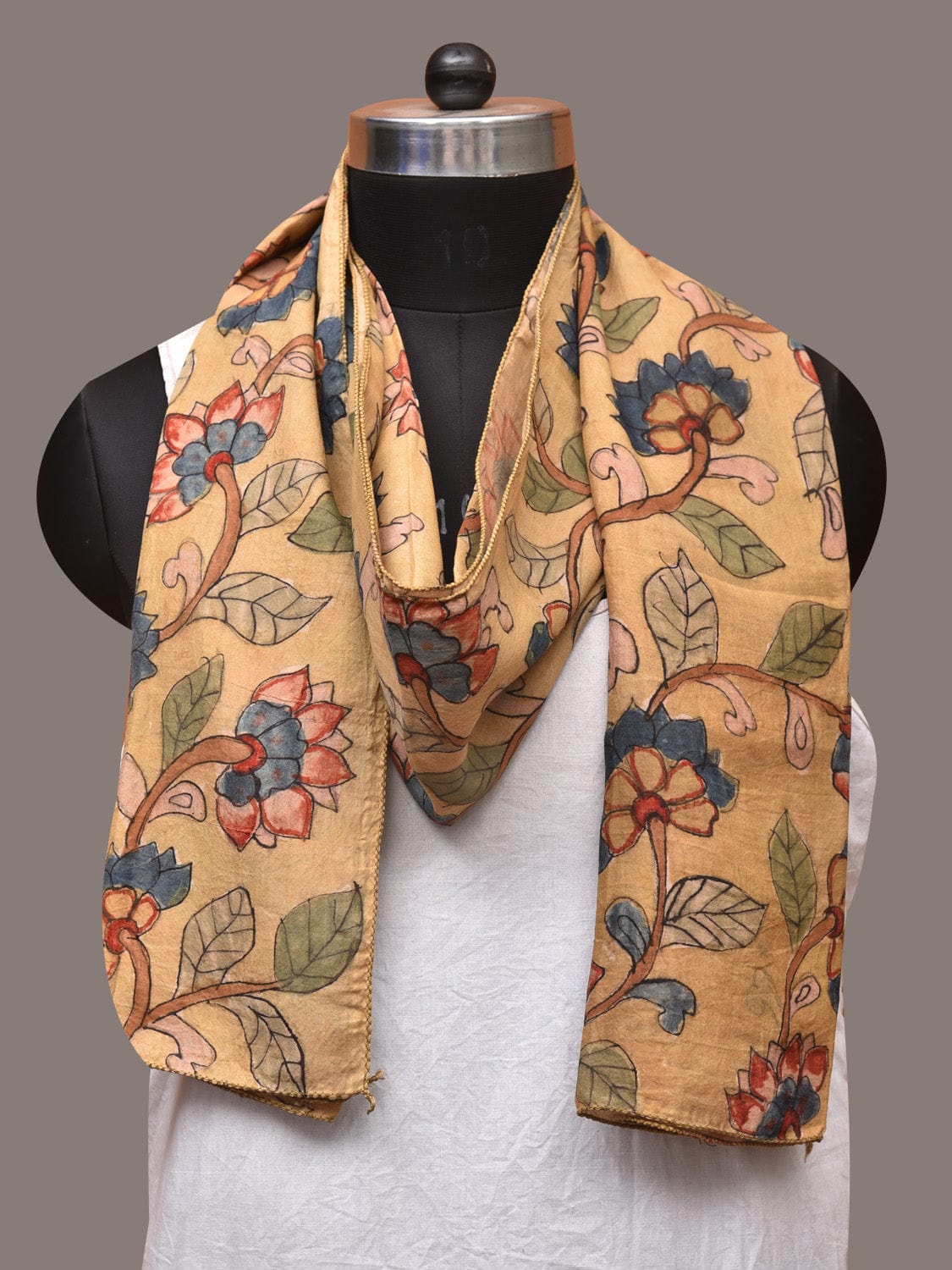 Light Yellow Kalamkari Hand Painted Sico Stole with Lotus Flowers Design - Global Threads