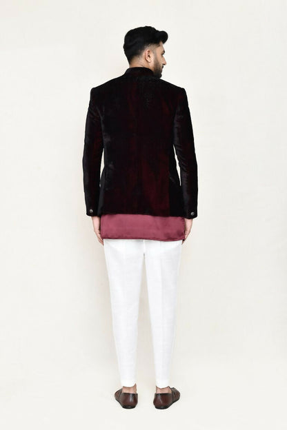 Joban Fashion Maroon Colored Satin Silk Fabric Open Prince Coat, Kurta With Straight Fit Pant