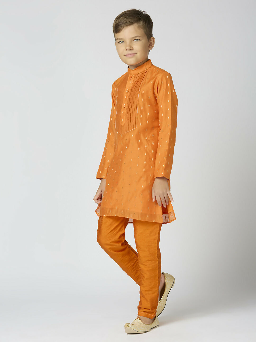 Joban Fashion Kids Island Full Sleeves Chanderi Kurta, Pyjama Set with Traditional Butta Work - Orange
