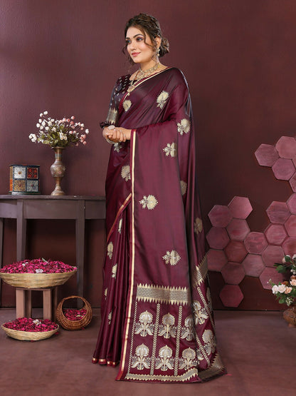 Joban Fashion Wine Floral Motifs Banarasi Silk Sarees
