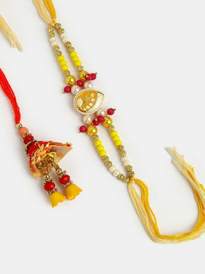 NVR Women & Men Set of 2 Yellow Peacock Design Bhaiya Bhabhi Rakhi With Roli Chawal