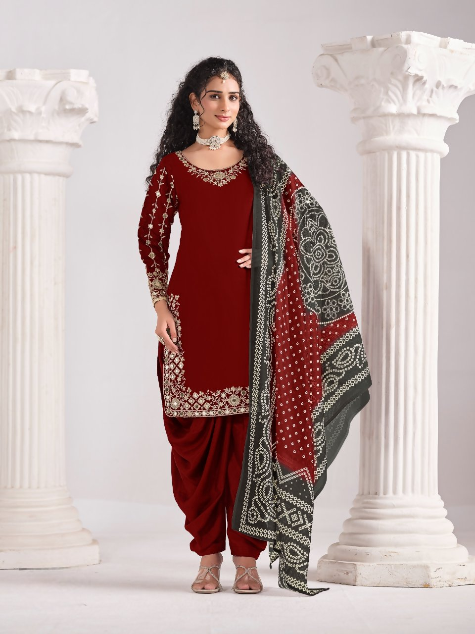 Anaita Red Roman Silk Stitched Suit with Embroidery & Real Mirror Work