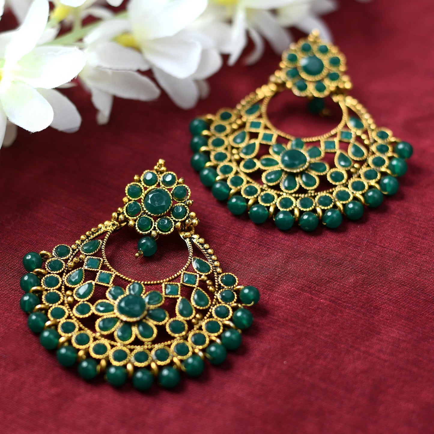 Mominos Fashion Johar Kamal Golden And Green Beaded Earrings