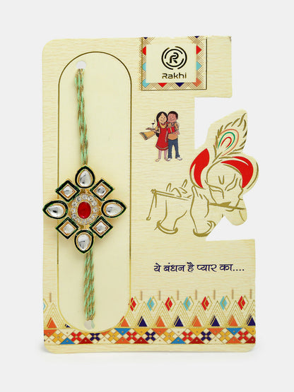 NVR Women & Men Set of 2 Gold Kundan-Studded Handcrafted Wraparound Rakhi Set With Roli Chawal & Chocolate