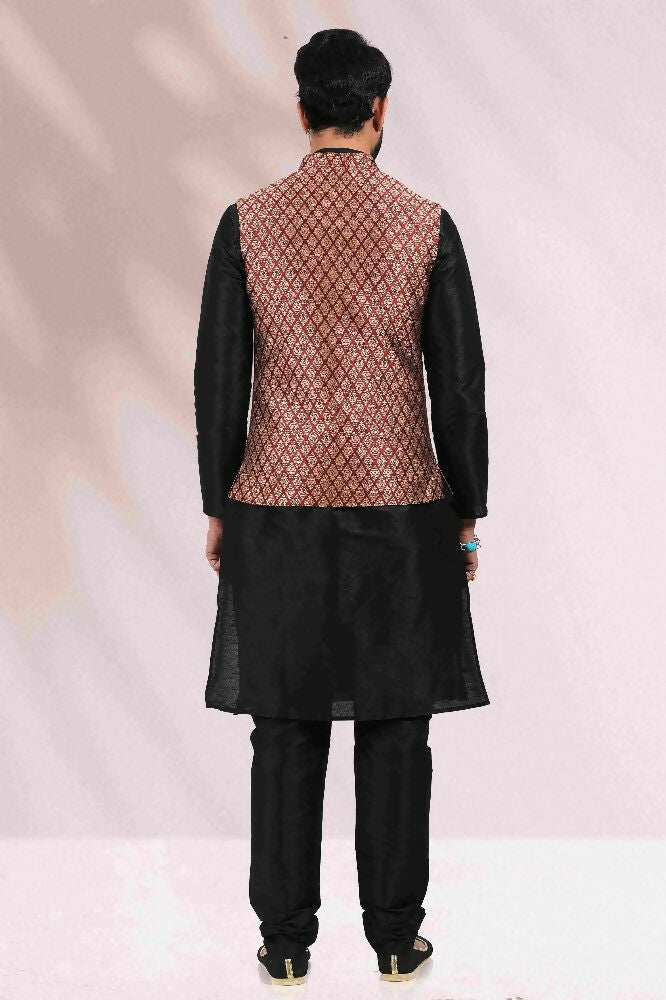 Raivat Ethnic Jacquard Banarasi Silk Woven Work 3 Pics Jacket Set In Maroon Colour