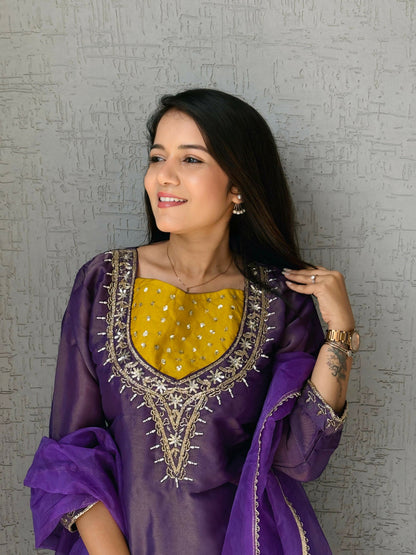 Anaita Purple Roman Shimmer Readymade Kurti Set with Handwork & Moti Work