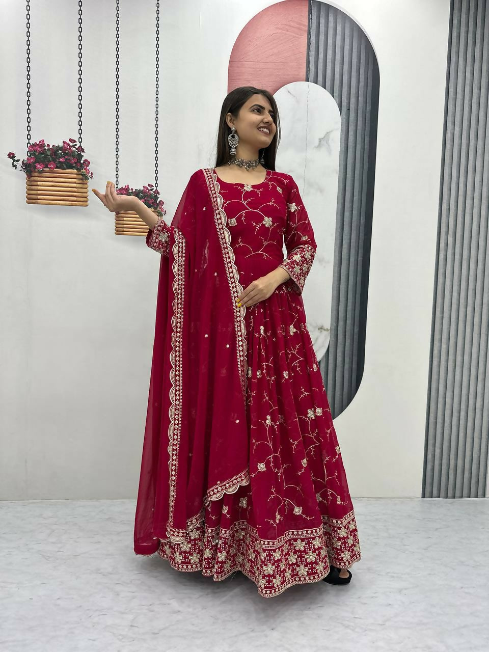 Teeya Creation Womens New Heavy Fox Georgette Fabric With Heavy Embroidery Work Red Kurta Set