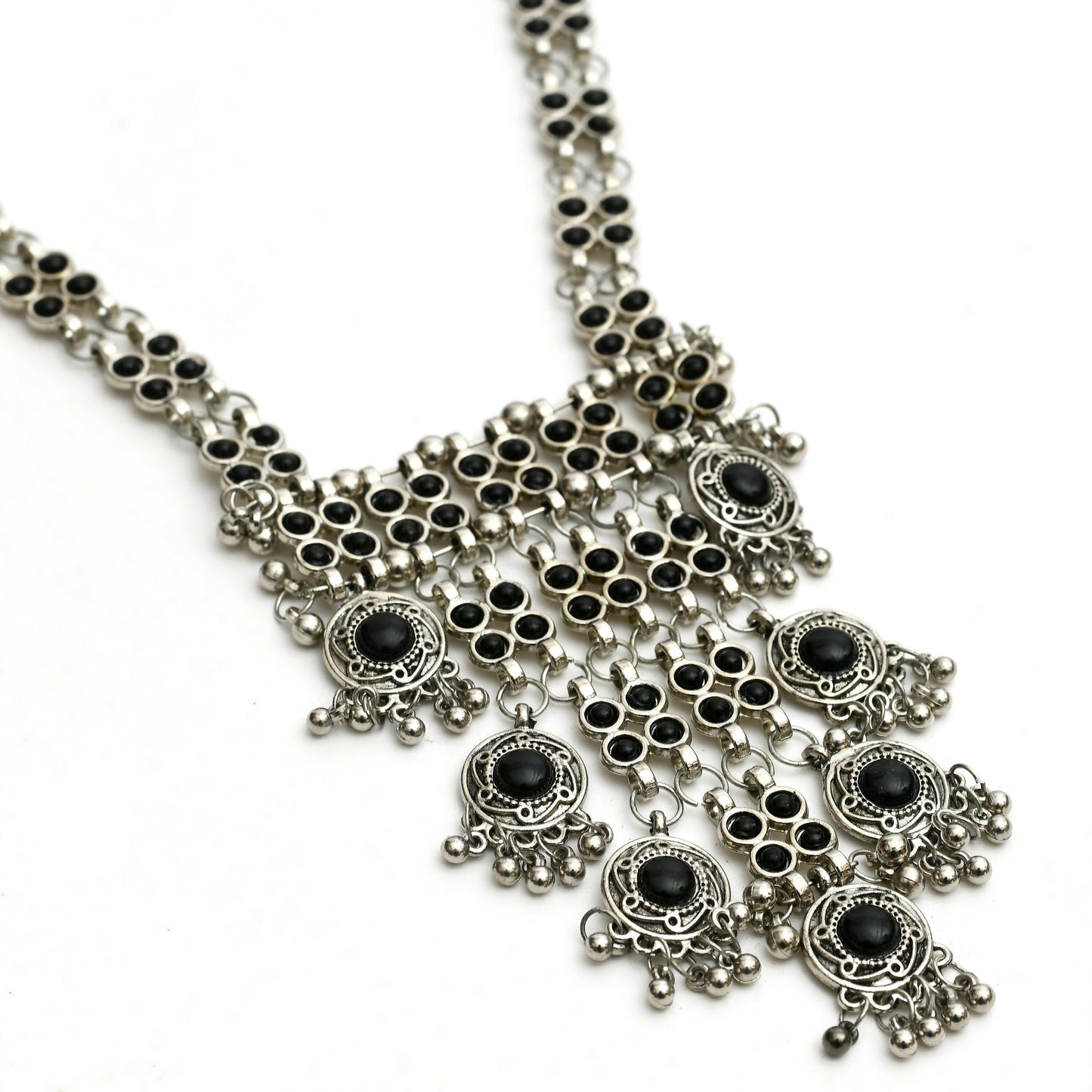 Mominos Fashion Johar Kamal Oxidised Silver-Plated Brass Finish Black Kundan Afghani Long Necklace For Women