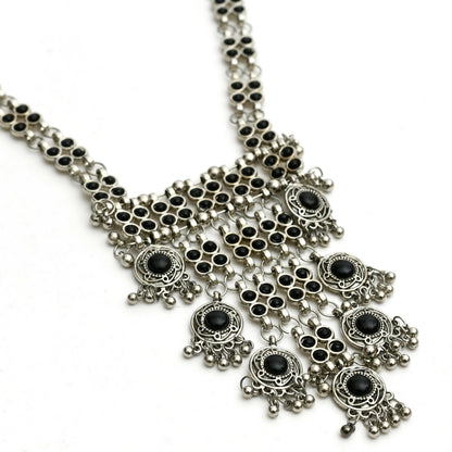 Mominos Fashion Johar Kamal Oxidised Silver-Plated Brass Finish Black Kundan Afghani Long Necklace For Women