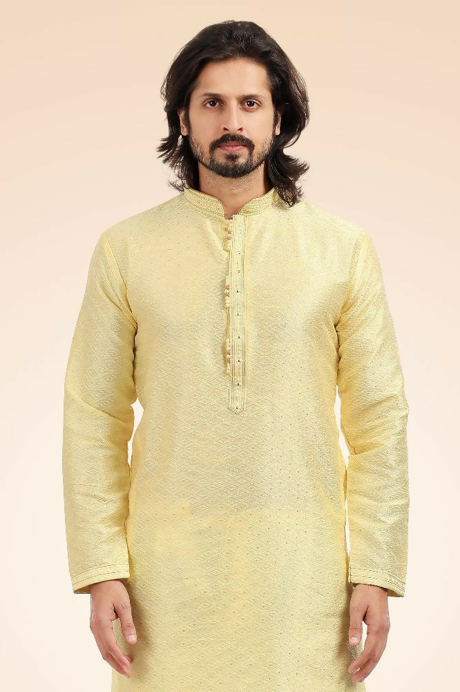 Raivat Ethnic Jacquard Banarasi Silk Pintux Work Kurta Pajama In Lemon Colour