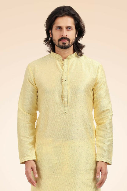 Raivat Ethnic Jacquard Banarasi Silk Pintux Work Kurta Pajama In Lemon Colour