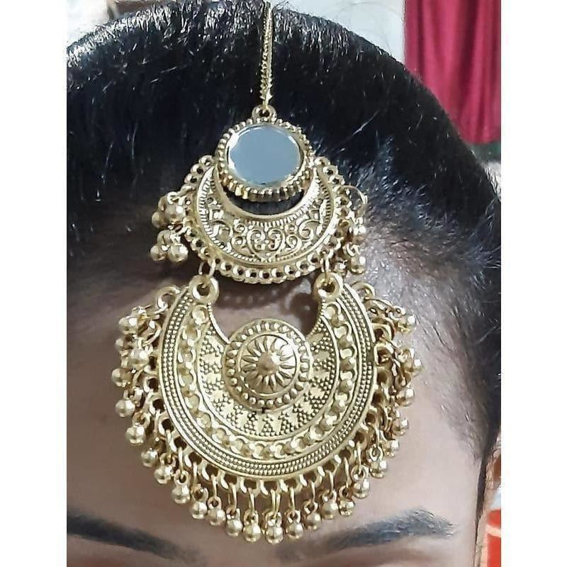 MS Fashion India Gold-Polished Double Half Moon Mirror Maang Tikka