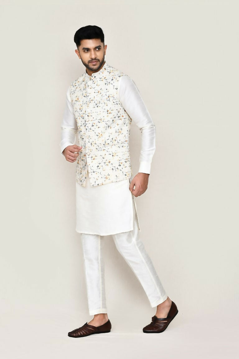 Joban Fashion White Colored Art Silk Fabric Kurta, Jacket With Straight Fit Pant