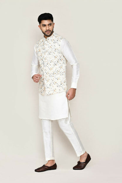 Joban Fashion White Colored Art Silk Fabric Kurta, Jacket With Straight Fit Pant