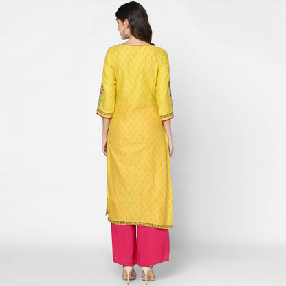 Cheera Hand Block Print Yellow & Magenta Straight Kurta With Palazzo (MAAI-084K)