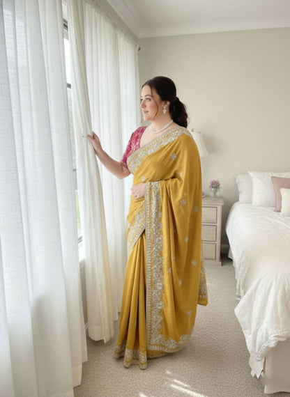 Teeya Creation New Trendy Party Wear Soft Satin Chiffon Saree-Yellow