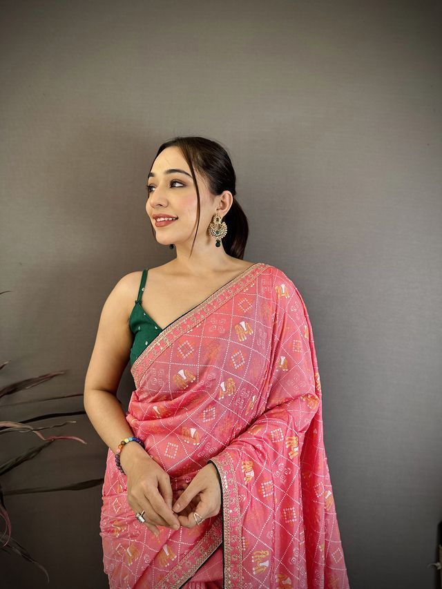 Elora Pink Vichitra Silk Animal Motifs Foil Print Sequence & Zari Embroidery Work Bandhani Saree