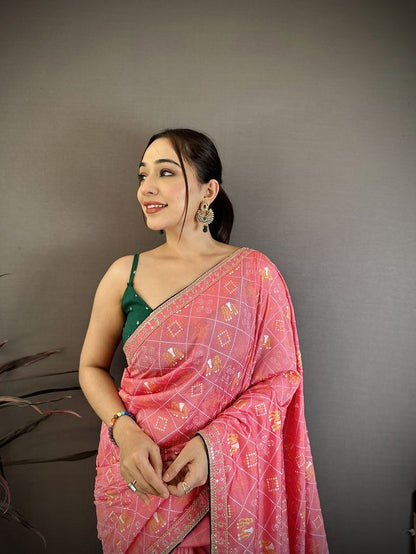 Elora Pink Vichitra Silk Animal Motifs Foil Print Sequence & Zari Embroidery Work Bandhani Saree