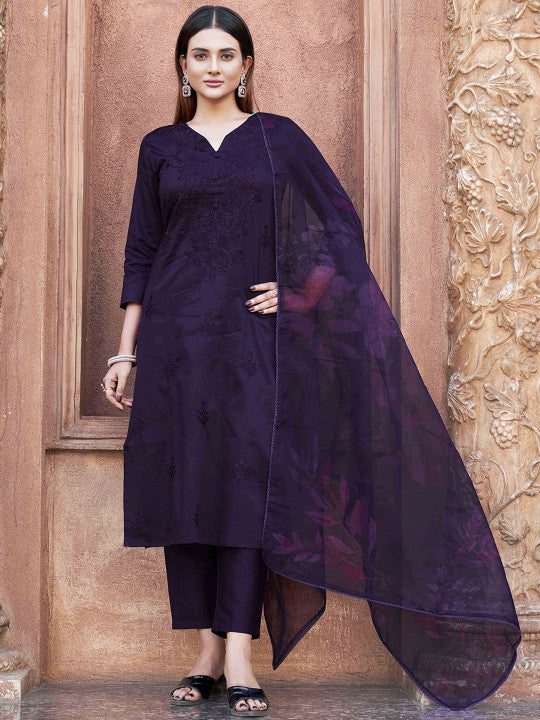 Tikhi Imli Women Floral Embroidered Regular Thread Work Kurta with Trousers & With Dupatta