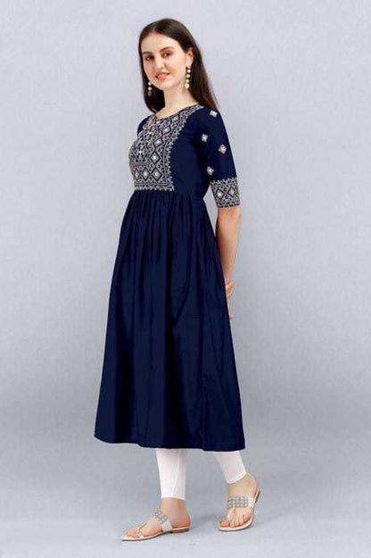 PAVONINE Navy Blue Color Burfi Design Embroidery Dress For Women