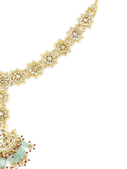 Gold-Polished White Blue Kundan-Studded Pearl Beaded Matha Patti - Ruby Raang