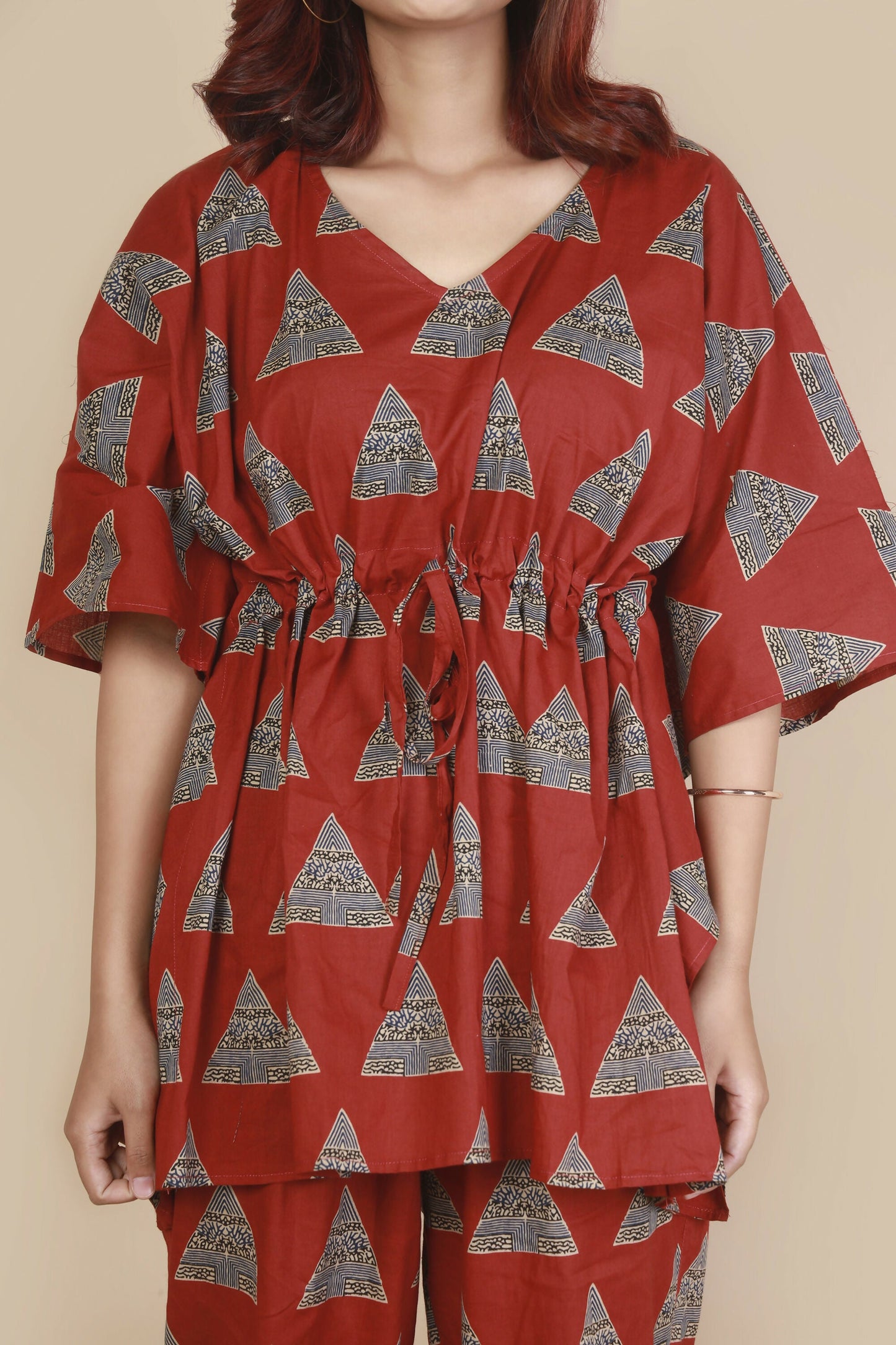 Breathables Women’S Loungewear Kaftan Cotton Red Geometric Print Co-Ord Set