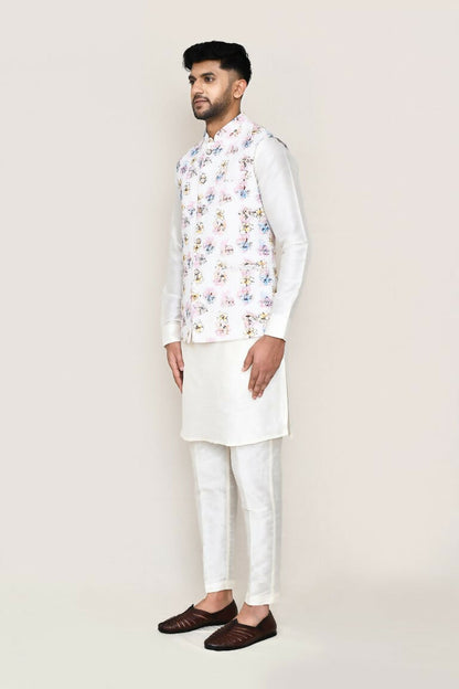 Joban Fashion White Colored Art Silk Fabric Kurta, Jacket With Straight Fit Pant