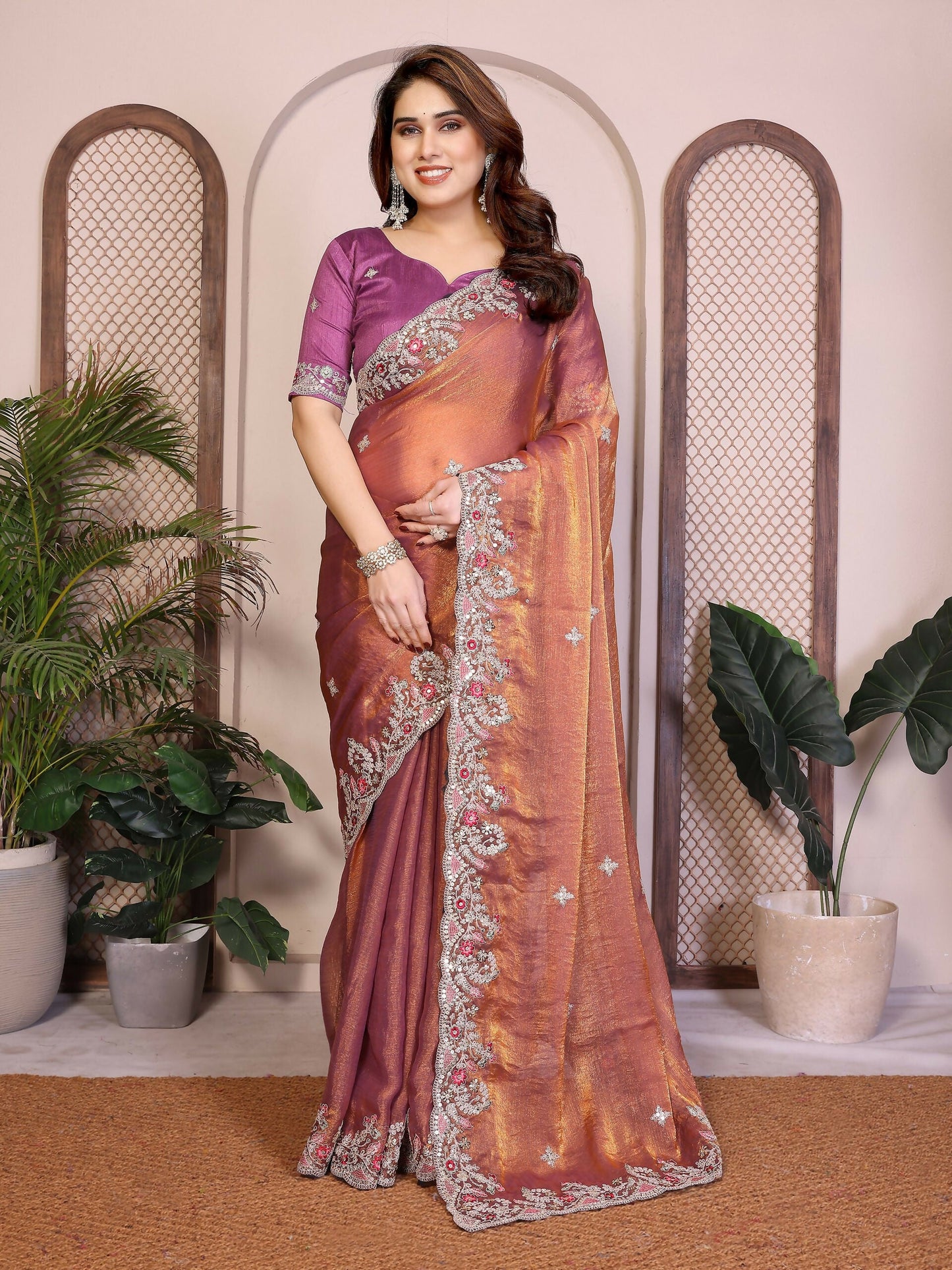 Teeya Creation New Womens Latest Party Wear Soft Chiffon Silk Saree-Peach