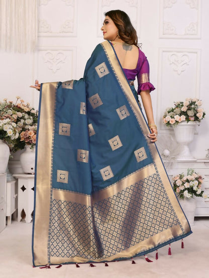 Anaita Navy Blue Soft Silk With Zari Weaving Borders Saree With Blouse