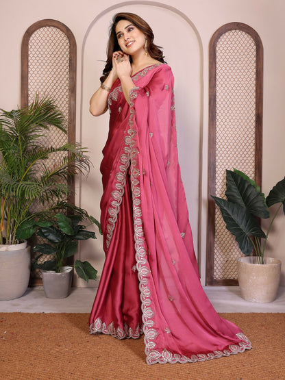 Teeya Creation New Trendy Party Wear Soft Satin Chiffon Saree-Peach
