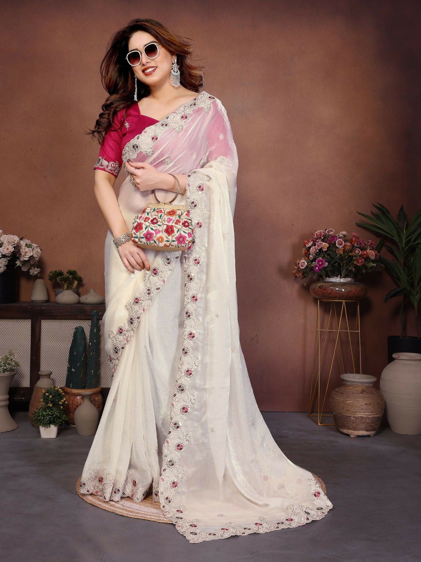 Teeya Creation New Womens Latest Party Wear Soft Chiffon Silk Saree-White