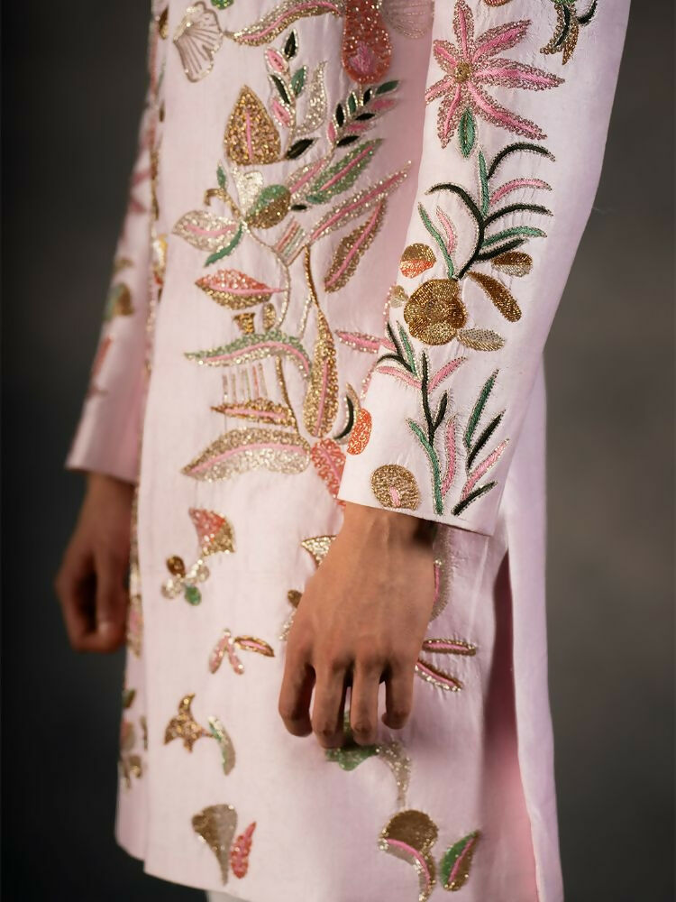 Pink Hand Embroidered Indowestern Sherwani by Hilo Design